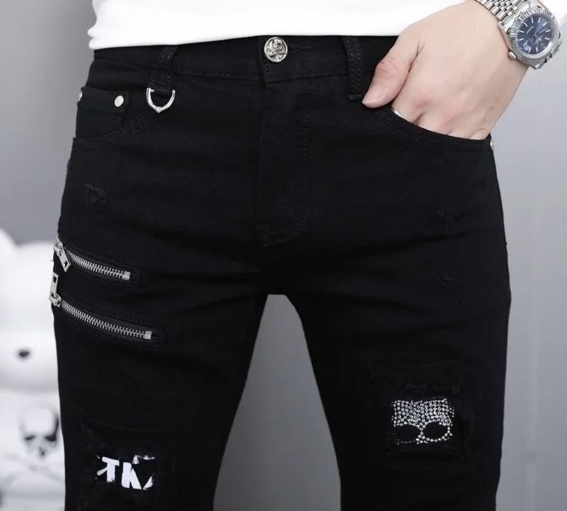 Men's Ripped Straight Leg Jeans - Black Stretch Denim - SlayGood