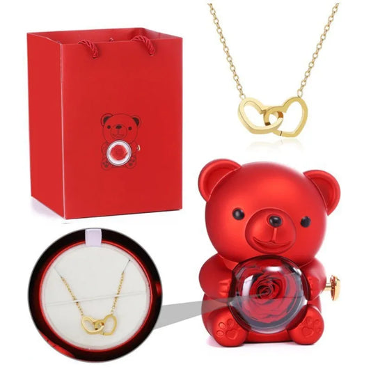 NNEOBA Teddy Bear Gift Box with Rose Jewelry Storage (Red)